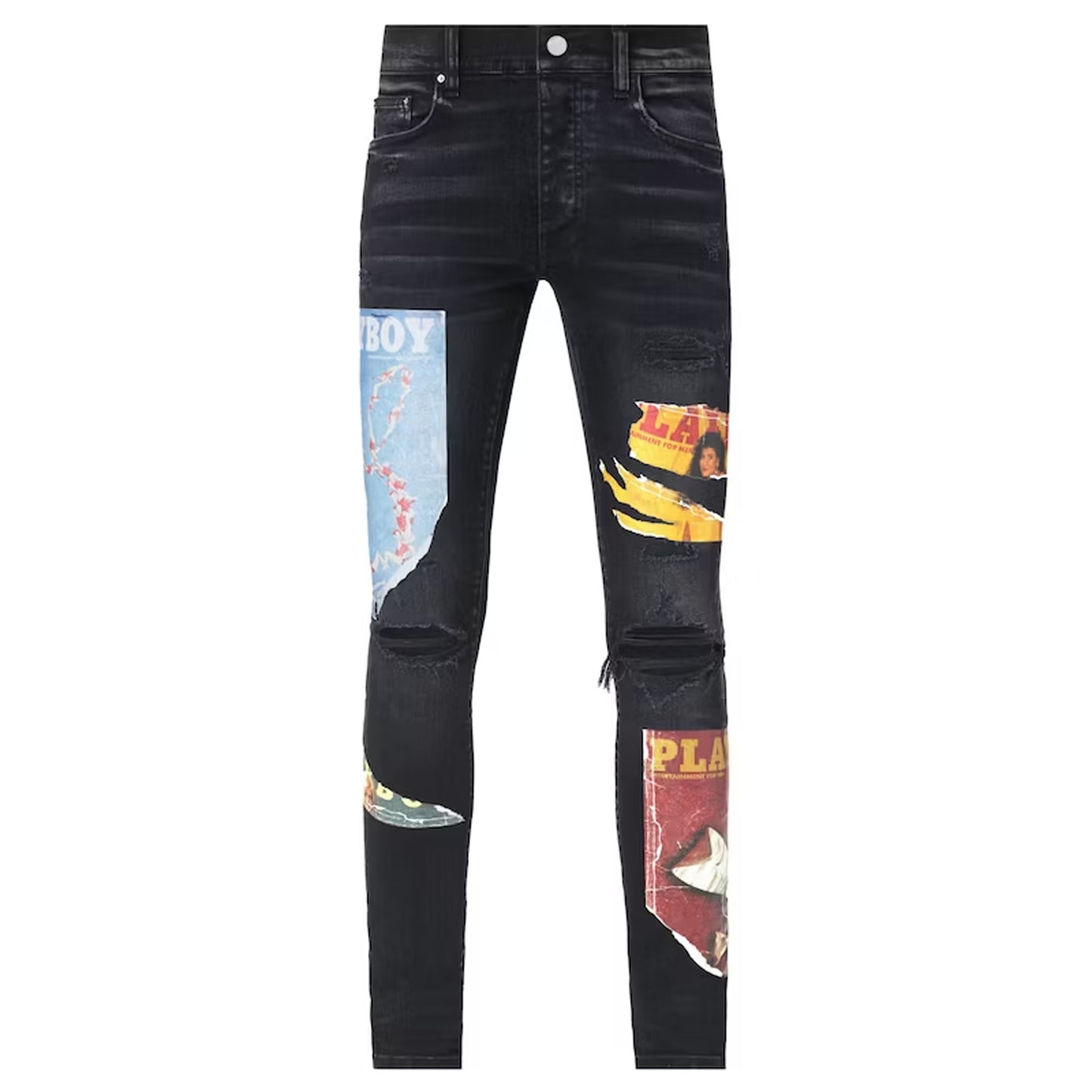 Amiri Playboy Magazine Skinny Aged Black Jeans