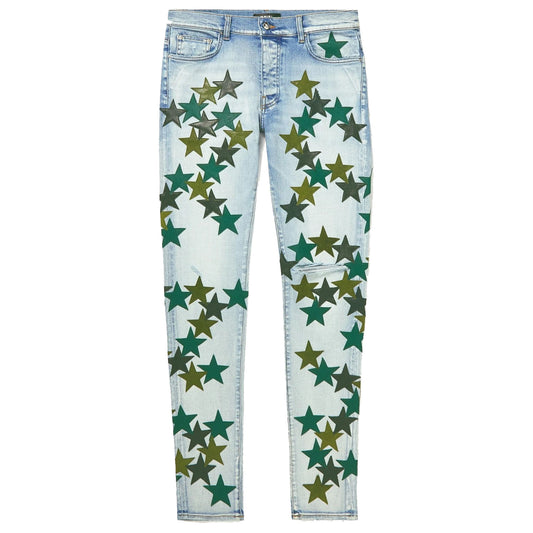 Amiri x Chemist Distressed Leather Appliquéd Tonal-Green Stars Jean