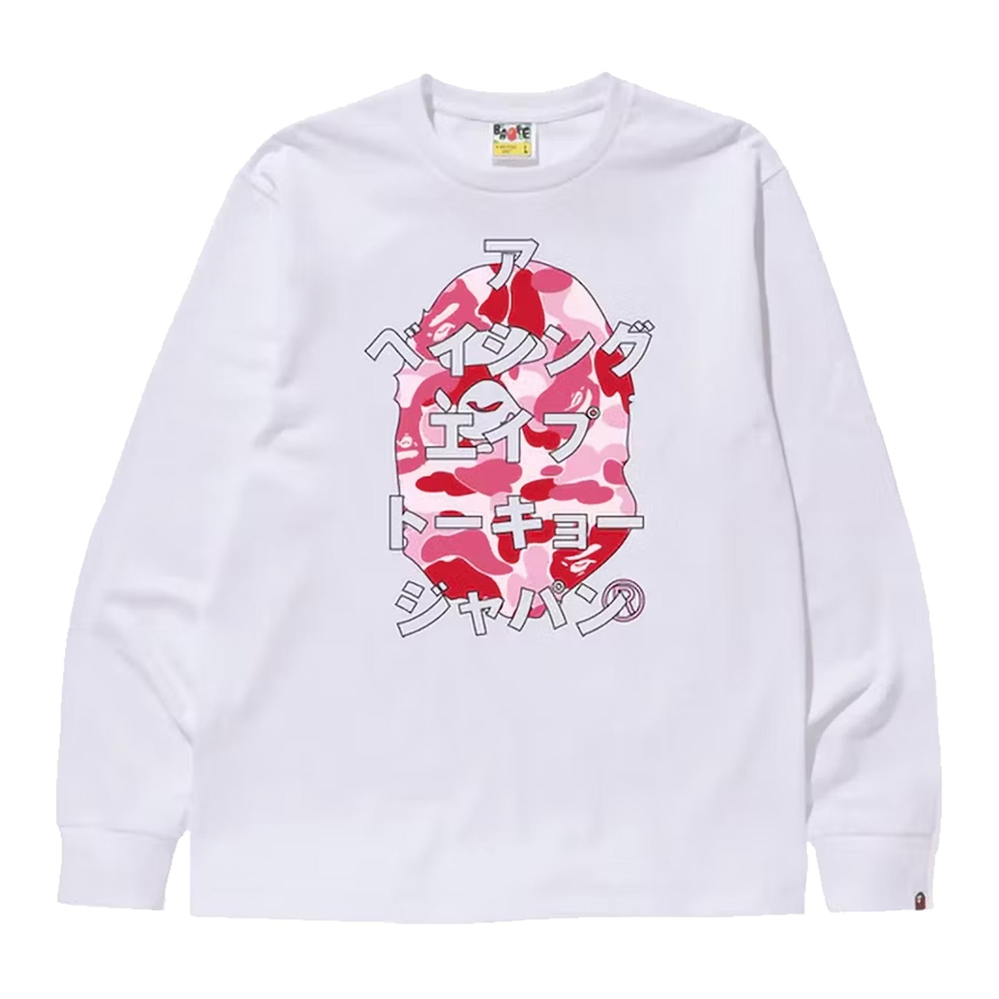 Bape ABC Pink Camo Japanese Letters Long Sleeve T-Shirt White