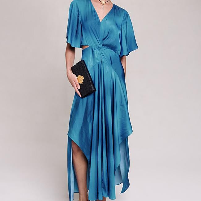 Satin dress in Capri blue by Maje, €124.95.