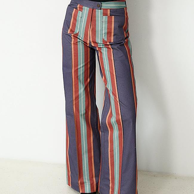 Multicolor striped high-waisted pants by Maksu, 160 euros.