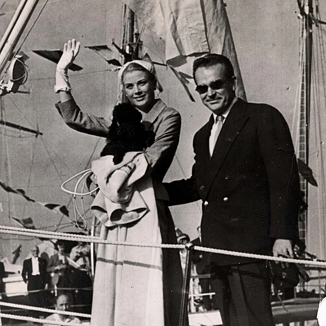 Grace Kelly, Rainiero and Olivier, about to begin their honeymoon voyage.