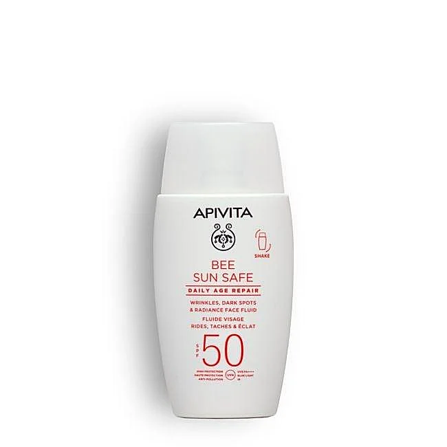 Bee Sun Safe Reparación Antiedad Diaria SPF50 Fluido Facial de Apivita.