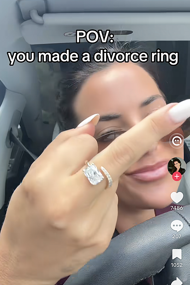 A content creator flaunts her divorce ring on social media.