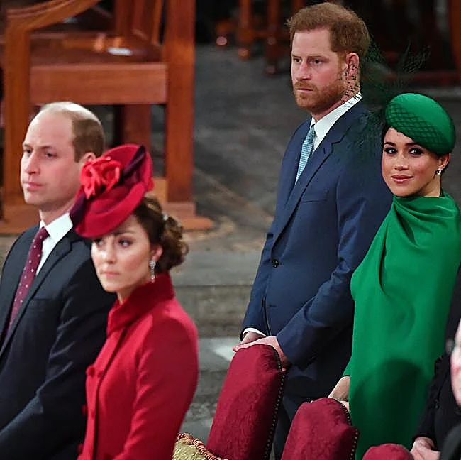 El príncipe Guillermo, Kate Middleton, Harry y Meghan Markle durante el Día de la Commonwealth, en 2020.