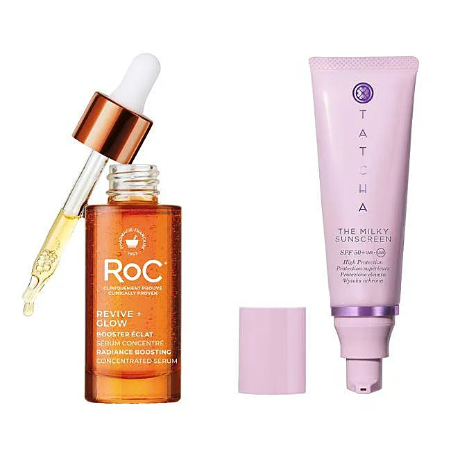 El sérum Revive + Glow de RoC (39,90 euros) y el protector solar The Milky Sunscreen de Tatcha (55 euros).