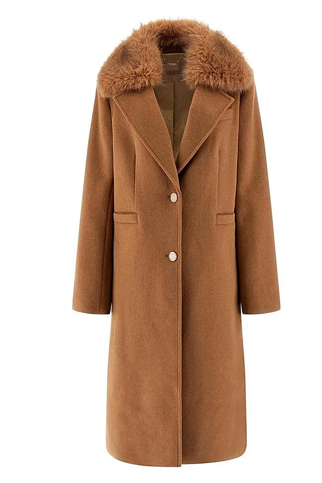 Long camel coat with collar detail by Guess.