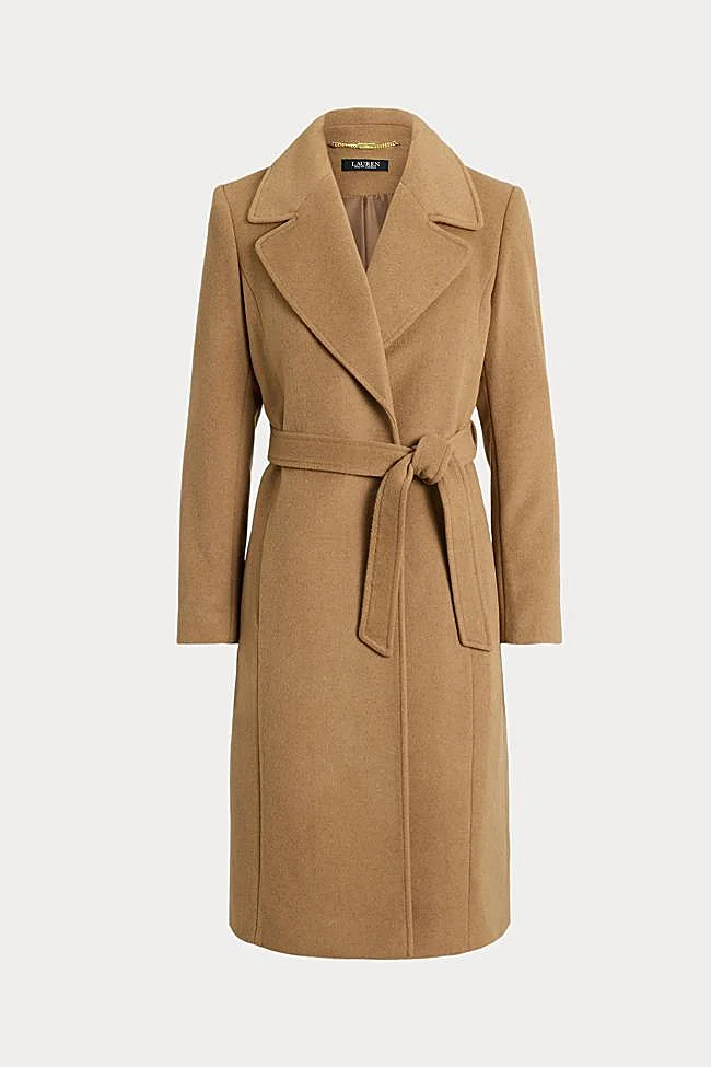 Camel coat with lapel collar by Ralph Lauren.
