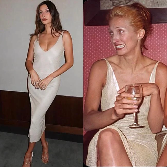 Carolyn Bessette-Kennedy y Hailey Bieber con el vestido de Narciso Rodriguez