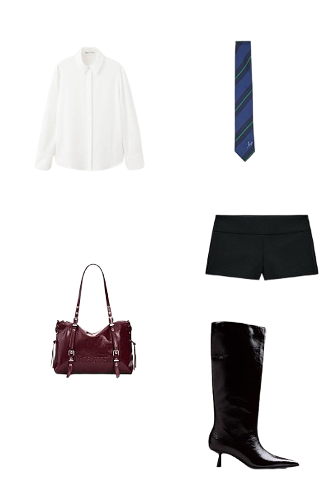 Camisa blanca, de Stradivarius (22,99 €)/ Corbata de seda a rayas, de Maje (95 €)/ Mini shorts, de Zara (19,95 €)/ Bolso shopper grande, de Desigual (79,95 €)/ Botas altas Kitten de Gioseppo, de venta en El Corte Inglés ( 89,95 €).