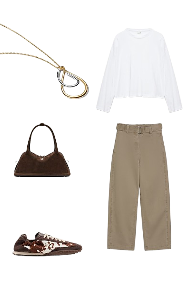 Camiseta boxy de manga larga, de Pull & Bear (12,99 €)/ Pantalones barril, de Marc´O Polo (169,95 €)/ Collar doble , de Pandora (119 €)./ Bolso Hilma, de Alohas (295 €)./ Zapatillas Bridge Cow Print Brown, de Hoff (150 €).