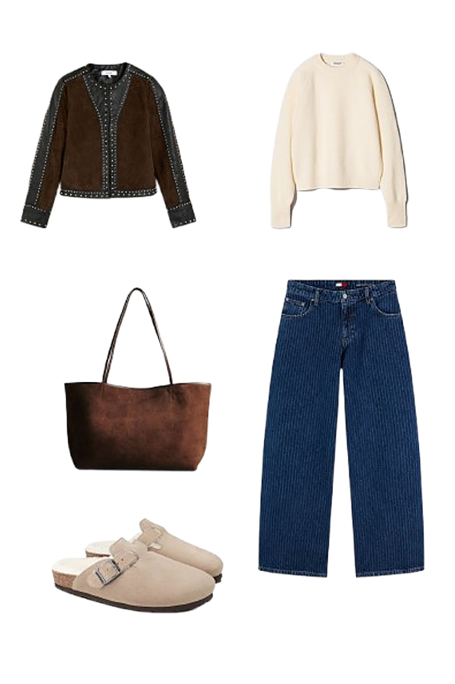 Chaqueta de piel, de Scalpers (329 €)/ Jersey 100% cashmere, de Uniqlo (159 €)/ Jeans Daisy loose, de Tommy Hilfiger (129,90 €)/ Bolso Tote Basile, de Sézane (160 €)/ Zuecos Riva Velour Wool Taupe, de Genuins (79,90 €).