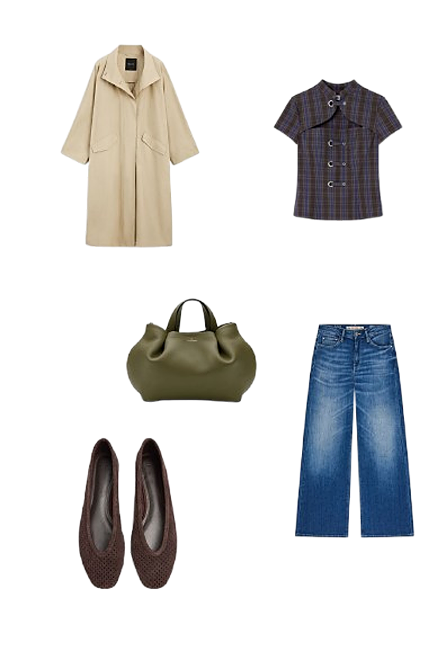 Trench, de Massimo Dutti (169 €)/ Top Azura Brown, de Laagam (79,95 €)/ Jeans Bellflower wide-leg jeans, de Guess (140 €)/ Bolso Isabela, de La Portegna (570 €)/ Bailarina trenzada de piel, de Parfois (39,99 €).