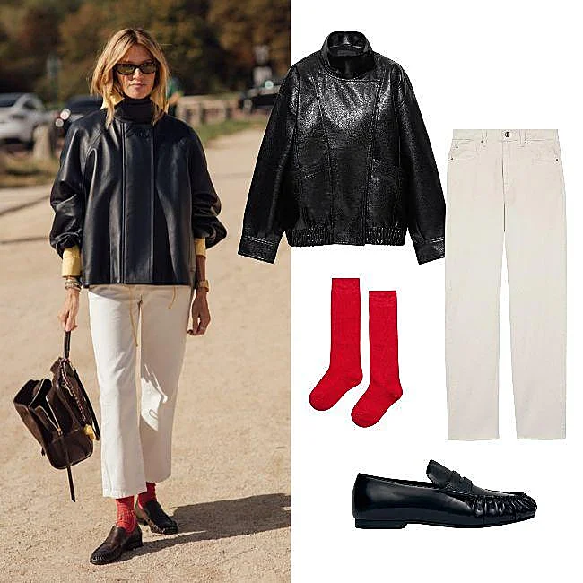 Chaqueta de Pull&Bear (39,99 euros), pantalones blancos de Parfois (32,99 euros), calcetines rojos de Ysabel Mora (2,50 euros) y mocasines de Alohas (160 euros).