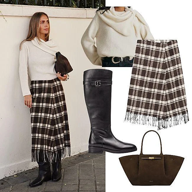 Jersey de Sézane (170 euros), falda de cuadros de eseOese (99 euros), botas de Unisa (205 euros) y bolso de DeMellier (560 euros).