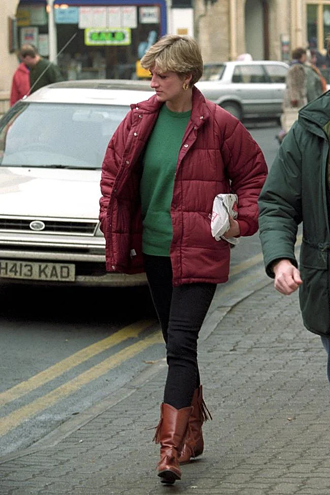 Diana, Princess of Wales, with a burgundy puffer.
