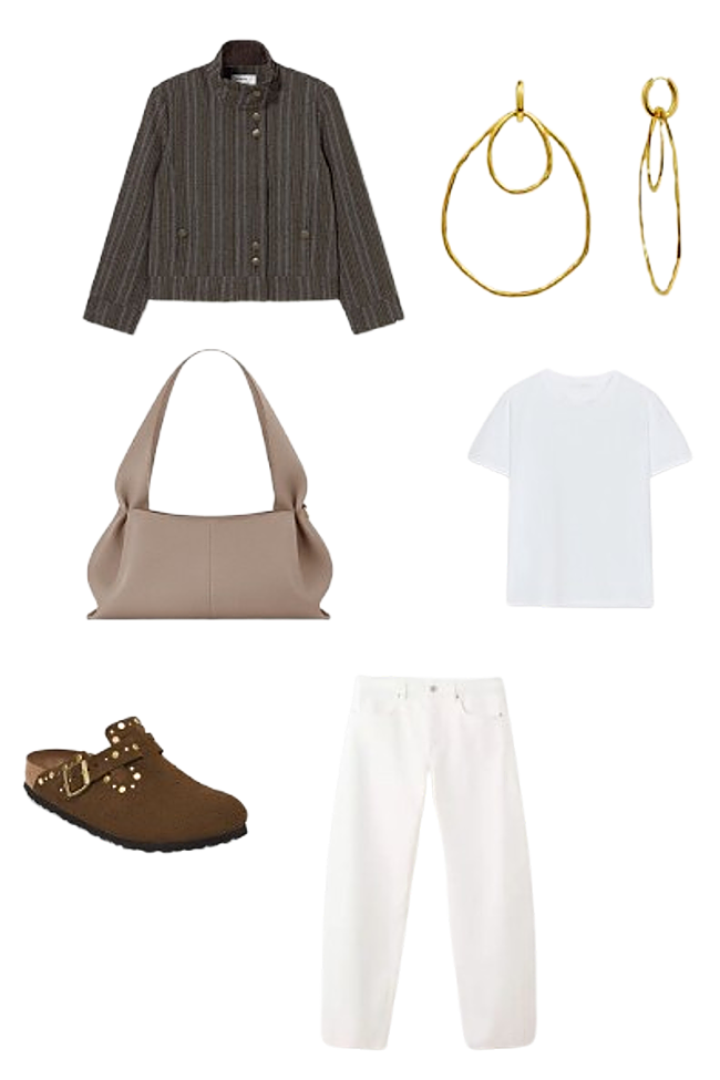 Camiseta blanca, de Intimissimi (19,90 €)/ Pantalón blanco balloon, de Mango (39,99 €)/ Pendientes Rania, de Moliane (65 €)/Bolso Numéro Neuf East, de Polene (440 €)/ Zuecos Boston Rivets, de Birkenstock (190 €).