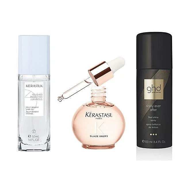 Multi-Benefit Hair Oil de Kerasilk, Glaze Drops de Kerastase y Shiny Ever After de ghd.