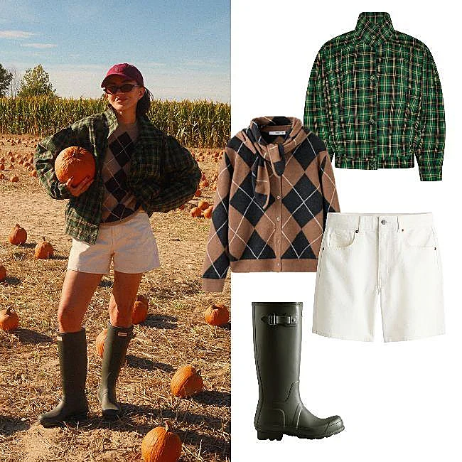 Chaqueta de cuadros de MarÀvic (145 euros), jersey de rombos de Mango (39,99 euros), shorts de H&M (19,99 euros) y botas de agua de Hunter (150 euros).