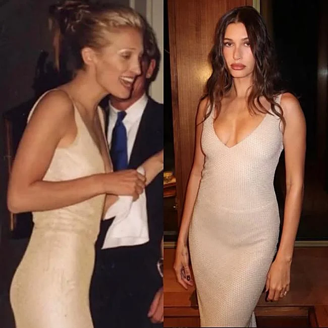 Carolyn Bessette-Kennedy y Hailey Bieber con el vestido de Narciso Rodriguez.